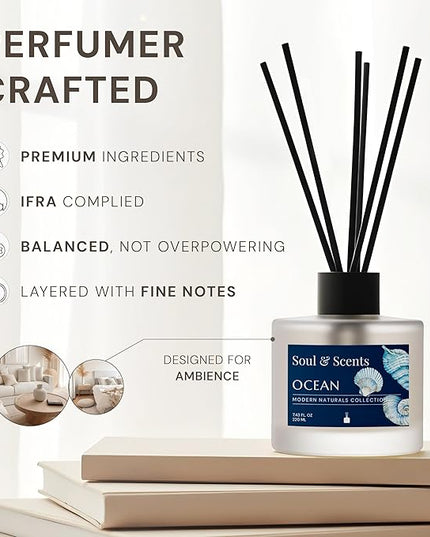 Soul & Scents Reed Diffuser Set – Ocean | 7.43 oz Refillable Scented Oil with 6 Fiber Sticks | Long-Lasting Home Fragrance & Air Freshener for Bedroom, Bathroom, Office | Gift & Décor Piece