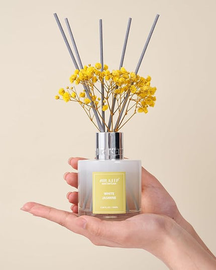 Airkeep Reed Diffuser Set,3.38 fl oz (100 ml) - White Jasmine Oil Diffusers with 8 Reed Sticks, Home Fragrance Reed Diffuser for Bathroom Shelf Decor