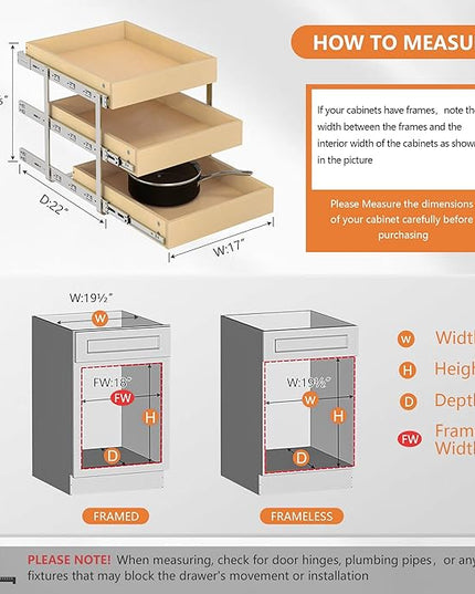 WelFurGeer 3-Tier Pull Out Cabinet Organizer with Soft Close, Heavy-Duty Slide Out Drawers for Cabinets, Pull Out Drawers for Cabinets, Bottom Mount Shelves for Kitchen, Pantry, Bathroom