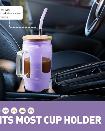 32 oz Glass Tumbler with Straw and Lid, Glass Water Bottles with Time Marker, Silicone Protective Sleeve - Purple