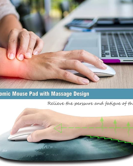 Ergonomic Mouse Pad with Wrist Support, Desktop Mouse Pad Wrist Rest Design and Non-Slip PU Base, Computer Mousepads for Pain Relief, Office & Home, Fog Forest