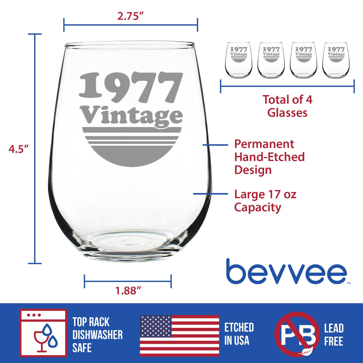 Vintage 1977 Stemless Wine Glass for 49th Birthday - 17 oz - Set of 4