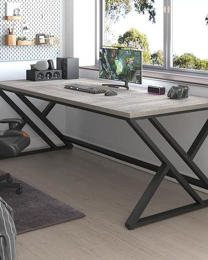 LVB 70.8" Long Office Desk, Modern Large Wood Metal Computer Desk, Industrial Double Workstation Desks for Two People, Rustic PC Executive Work Study Writing Computer Table for Home, Light Grey Oak