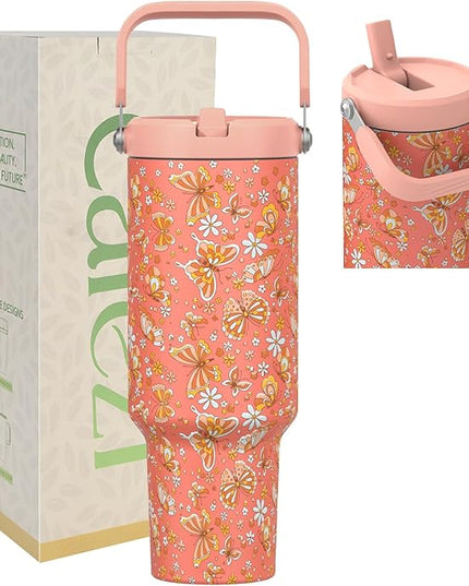 40 oz Tumbler with Handle and Straw, Vacuum Insulated Tumblers with Flip Straw and Top Handle, Reusable Insulated Cup for Home, Outdoors, Leakproof, Fits in Cup Holder, Cold for 30 Hours