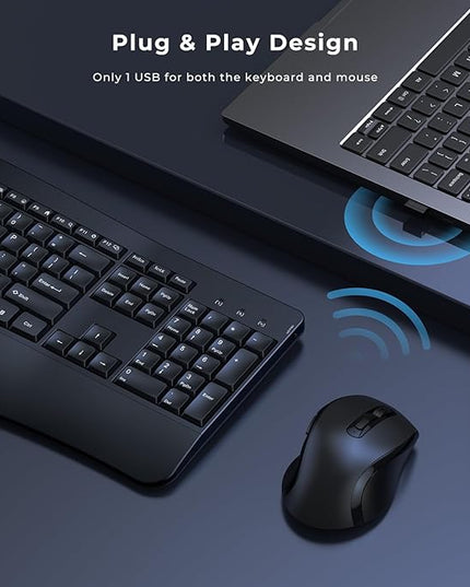 Ergonomic Keyboard and Mouse Combo, Full Size Cordless Computer Keyboard with Palm Wrist Rest Ergonomic Mouse for Windows Computers Laptops - Black