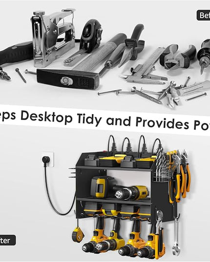 CCCEI Modular Power Tool Organizer Wall Mount with Charging Station. Garage Drill Storage Shelf with Hooks, Heavy Duty Rack, Tool Battery Holder Built in 8 Outlet. Gift for Men. Black, 1 Pack.