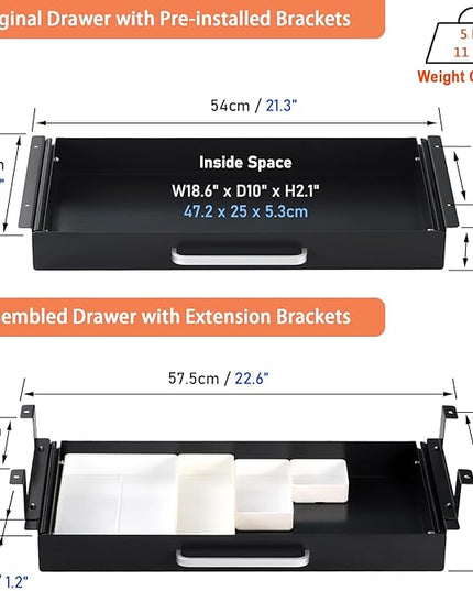 OSteed Under Desk Drawer Black 21" with 4 Divider Trays, Under Shelf Pencil Drawer Pull-out, Standing Desk Metal Storage Attachment Slide Out for Workbench