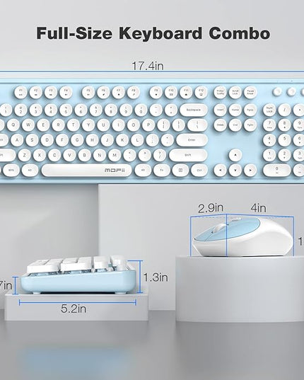 MOFII Wireless Keyboard and Mouse Combo, Computer Full Size 2.4G Plug and Play Wireless Typewriter Retro Round Keyboard and Mouse Set for Windows, Computer, Desktop, PC, Notebook - (Light Blue)