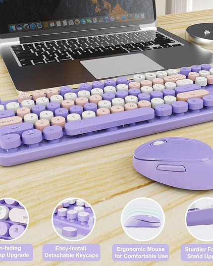 Wireless Keyboard and Mouse Combo, Ergonomic Full Size Typewriter Retro Round Keycaps Keyboard, Compatible with Windows, PC, Perfer for Home and Office Keyboards (Purple