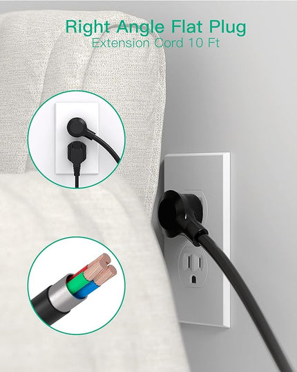 Extension Cord 10 FT, Flat Plug Power Strip Surge Protector with 8 Wide Outlets 4 USB Ports, 3-Side Outlet Extender, Mounted, Overload Protection, for Indoor Home Office, Dorm Room Essentials