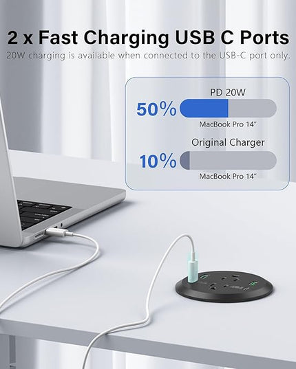 Desktop Power Grommet 3-inch Hole,40W Total Fast Charging Station, 2 PD 20W USB C Port,Flush-Mount Recessed Power Strip, 2 AC Outlets,4 USB Ports,in to The Top of Your Desk,6ft Cord