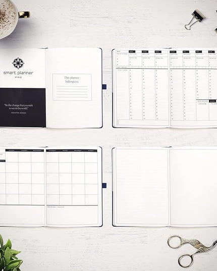 Smart Planner Pro – Undated Daily Planner – Medium B5 – Achieve Goals & Increase Productivity with Weekly, Monthly, Work Sections - Organizer Planner with Back Pocket, 3 Satin Bookmarks & Pen Holder