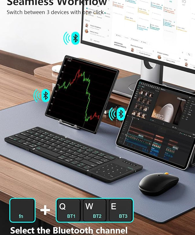 Nillkin Foldable Bluetooth Keyboard with Touchpad & Number Pad, Portable Bluetooth Keyboard with Full Size Keys, Pocket-Sized Wireless Travel Keyboards for iPad, Smartphone, Tablet and Laptop Black