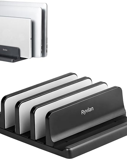 Ryvlan Vertical Laptop Stand, 3 Slot Adjustable Laptop Storage Rack and Desk Organizer, Silicone-Padded Holder for Multiple Devices Storage, Compatible Stand for Tablets and Devices up to 17 Inches