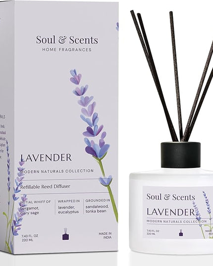 Soul & Scents Reed Diffuser Set – Lavender | 7.43 oz Refillable Scented Oil with 6 Fiber Sticks | Long-Lasting Home Fragrance & Air Freshener for Bedroom, Bathroom, Office | Gift & Décor Piece