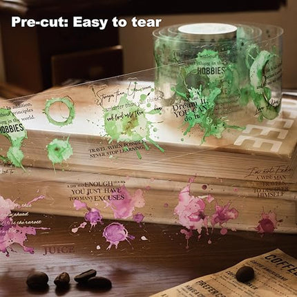 AuriicLeaf Memories of Coffee PET Tape Set, 6 Rolls Vintage Coffee Stain Stickers with Clip for Scrapbooking, Journaling, DIY and Crafts Supplies