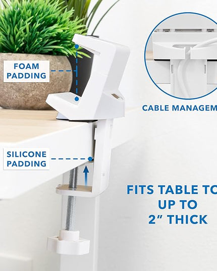 Mount-It! Power Strip Holder Clamp Desk Mount with Included Surge Protector | White Desktop Power Outlet with 3 USB Ports and 3 AC Power Outlets | Adjustable Power Strip Clamp Mount
