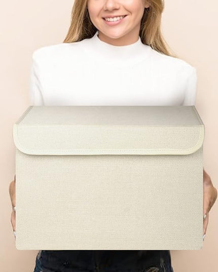 Large 22 Quart [4-Pack] Linen Fabric Foldable Storage Bin Cube Organizer Basket with Flip-Top Lid & Handles, Clothes Blanket Box for Home, Office, Closet (14.6 x 9.5 x 9.5, Beige)