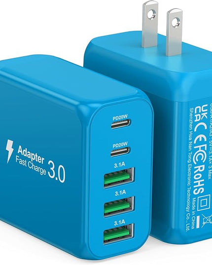 2-Pack USB C Wall Charger Block,60W 5-Port C Charger Fast Charging Block PD Power Adapter +QC 3.0 Multiport Type C Box Charger Cube USB A Wall Plug for iPhone 14/15/16/17 Pro Max,Samsung Galax