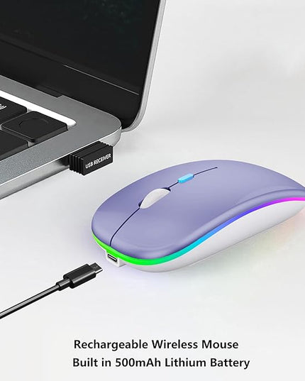 Wireless Bluetooth Mouse Rechargeable Laptop Mice with LED Lights Silent Slim Use(BT5.2 and 2.4G Portable USB Receiver)Dual Mode Computer Mouse for Laptop/iPad/Tablet/Apple/Computer/Mac(Purple)