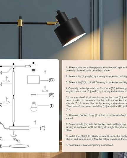 OYEARS Modern Industrial Desk Lamp for Reading LED 22.2“ Metal Table Lamp Light for Office Bedroom Study Room Living Room Nightstand Bedside Lamps Gold and Matte Black Accent (Black, Bulb Included)