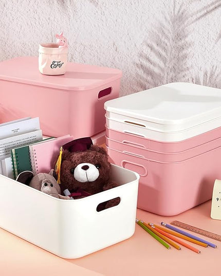 Hoolerry 8 Pieces Colorful Storage Bins with Lid, Plastic Storage Basket Organizing Container Stackable Box with Handle for Shelves Desktop Playroom Office(13.8 x 9.8 x 5.9 Inch,White and Pink)