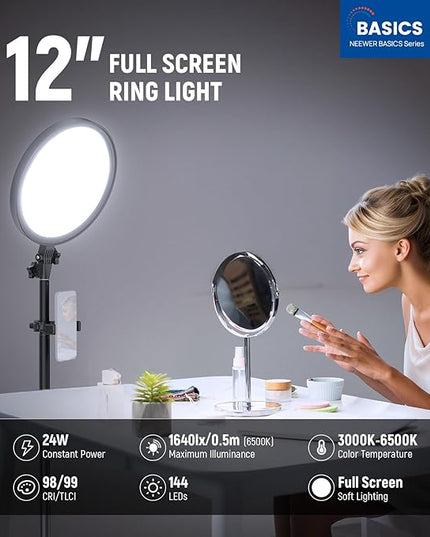 NEEWER Basics 12" 24W Large Ring Light with 68" Stand/Phone Holder/Remote for iPhone Video Recording Selfie Streaming Makeup Studio Photography, 3000K-6500K CRI98 Full Screen LED Panel Lighting, BR13