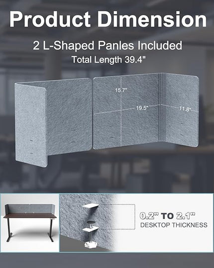Desk Privacy Panel,2PCS L-Shaped Clamp-On Office Desk Divider,2-in-1 Adjustable Acoustic Desktop Partition Or Under Desk Modesty Screen,for Office,Home,Felt (Grey, 39.4" x 15.7")
