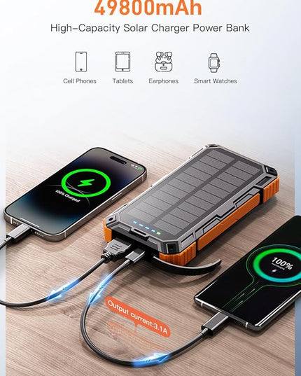 Solar Power Bank 49800mAh Wireless Portable Charger with USB-C 15W Fast Charging with 4 Built-in Cables LED Flashlight Battery Pack Compatible with iPhone, iPad, Smartphone,Perfect for Camping, Hiking