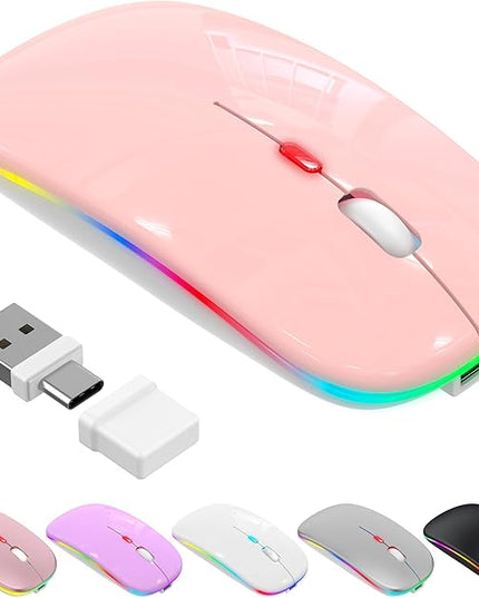 LED Bluetooth Wireless Mouse for MacBook Air/Pro, Laptop, iPad – Rechargeable Silent Light-Up Slim Mouse, Optical Dual Mode BT5.2 & USB-A/USB-C – for Students, Kids, Girls, Boys – Baby Pink