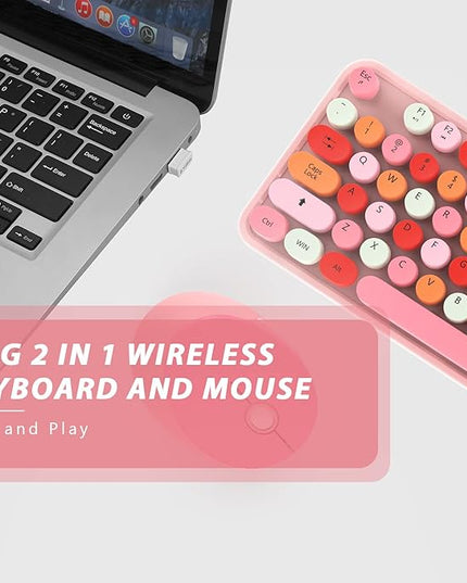 KOOTOP Cute Pink Wireless Keyboard and Mouse, 2.4G Retro Round Keycap for PC, Mac, Laptop, Tablet, Computer Windows