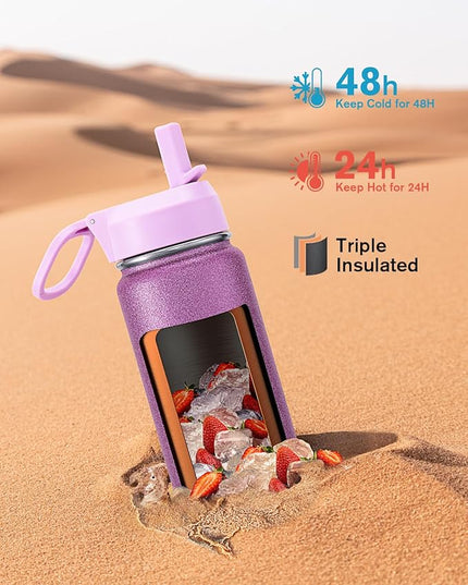Coolflask Water Bottle 24 oz Insulated with Straw, Stainless Steel Metal 3 Lids Water Flask Wide Mouth for Sports or Office, Non-BPA Keep Cold Up to 48 Hrs or Hot Up to 24 Hrs, Glitter Pink