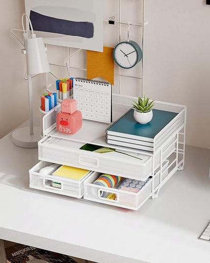 Marbrasse 3 Tier Mesh Desk Organizer with Drawer, Multi-Functional Desk Organizers and Accessories, Paper Letter Organizer with 2 Pen Holder for Home Office Supplies - White