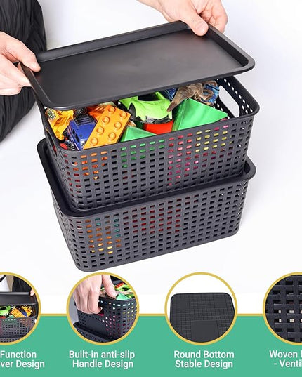 Plastic Storage Baskets with Lid-Plastic Storage Containers Stackable Storage bins: Storage Baskets for Organizing Shelves Drawers Desktop Closet Playroom Classroom Office, 8Pack-Black10.2x7.2x4.1Inch