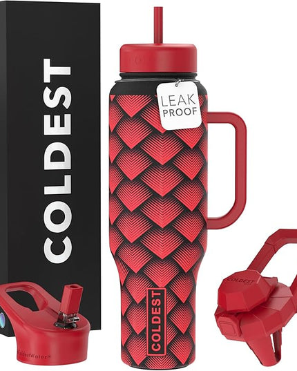 Coldest Tumbler with Handle and Straw, 100% Spill Proof Tumbler with Straw (3 Lids), Stainless Steel Insulated Leakproof Tumblers for Women Men, Cup Holder Friendly, 46 oz (Red Dragon)