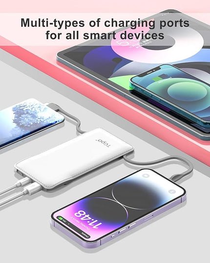 TG90° 10000mAh Power Bank Built-in Cables(No Plug), Pocket Size USB C Portable Charger, 3A Fast Charging External Battery Pack, Travel Essential Phone Powerbank Compatible with iPhone Samsung iPad