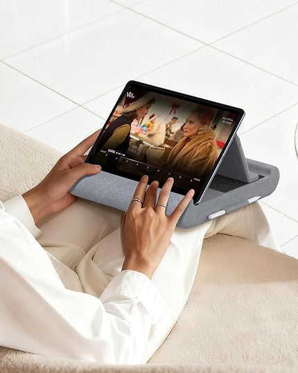 CreaDream Tablet Pillow Stand, Foldable Tablet Holder for Lap, Bed and Desk, Soft Pillow Pad with Pocket and Stylus Mount, for 4-13" Tablets, Like iPad Pro 11, 13, Air, Mini, Kindle, Galaxy Tab, Grey