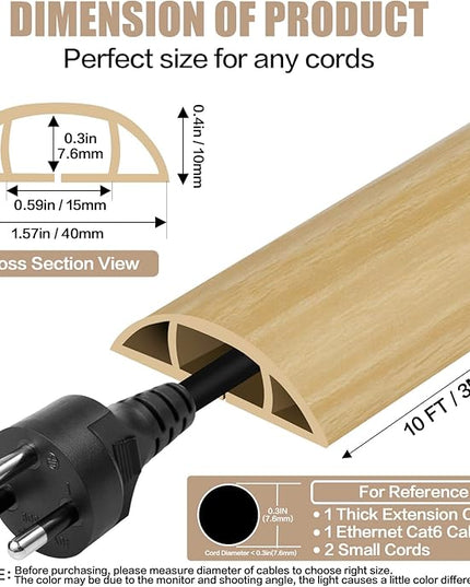 Floor Cord Cover Self Adhesive Cord Hider,10FT Cable Management, Extension Strip Protector for Wires, Prevent Cable Trips for Offices, Gyms, Exhibitions Cavity:0.51"(W) x 0.3"(H) WoodLightyellow