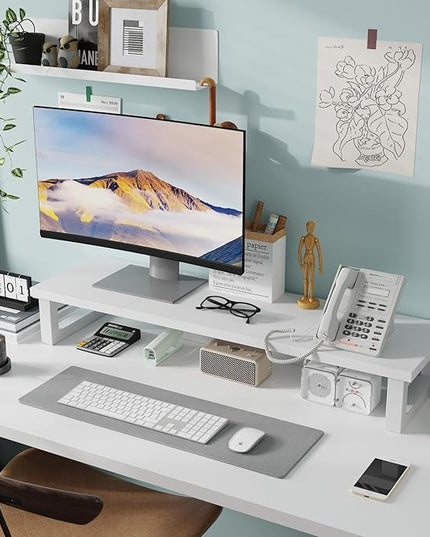 WESTREE Dual Monitor Stand Riser, Wood and Steel Monitor Stand Riser, Computer Monitor Stand for 2 Monitors, Multi-Purpose Desktop Storage Stand for Computer,Laptop,Printer,TV