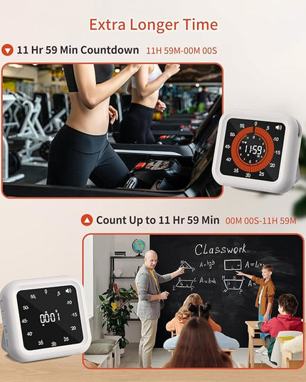 Digital Visual Timer - Max 11H 59M Rechargeable Countdown Timer with VA Display, Clear Digits, Adjustable Volume and Brightness, Magnetic Digital Timer for Kitchen, Classroom, Office (White)