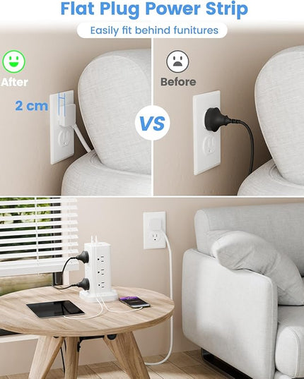 Power Strip Tower with Surge Protector 1800J, Fast Charging Tower PD20W USB-C Ports with 12 AC Outlets, 6ft Extension Cord for Home Office Dorm Room, White
