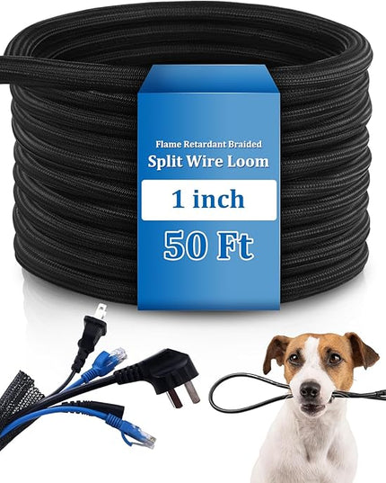 Pangda 50ft Split Wire Loom Tubing Flame Retardant Braided Cable Sleeve Split High Temperature Cable Conduit Auto Wire Conduit for Industrial Electrical Tinsel Automotive Marine(50 Ft, 1")