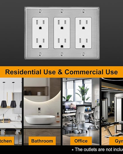 BESTTEN 3-Gang Decorator Metal Wall Plate with Ｗhite or Clear Plastic Film, Standard Size, H4.53" x W6.38", Stainless Steel Outlet Cover
