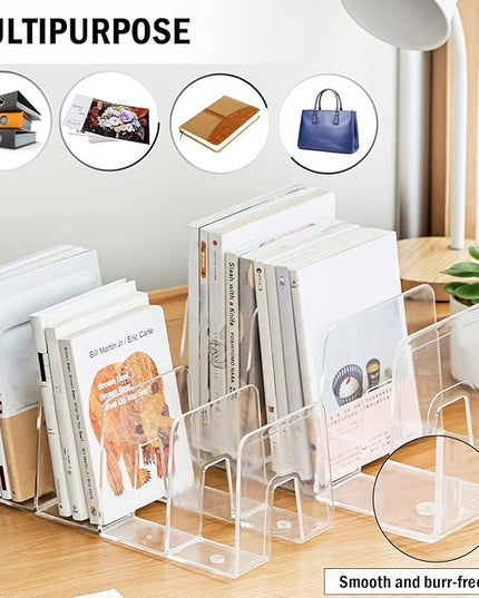 Clear Desktop Book Organizer, Creative Book Stand, Divider Bookshelf for Home School and Office, Non-Acrylic Stand Bookshelves (4 Sections), Transparent, Pack of 2