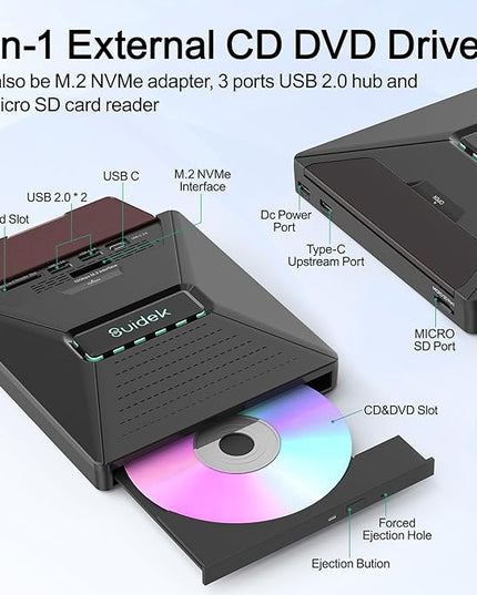 External CD DVD Drive for Laptop, 7 in 1 Portable CD DVD +/-RW Burner Reader with M.2 NVMe Interface,SD/Micro SD Card Slots and USB A Type C 2.0, Compatible with Laptop PC Mac Windows Linux