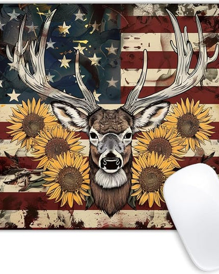 Square Mouse Pad Deer with Sunflowers and National Flag-3,Gaming Mouse Pads for Desk,Soft Computer Waterproof Non-Slip Mouse Mat