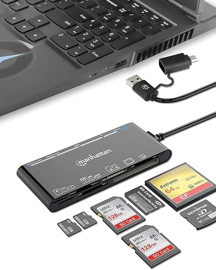 Manhattan 7 in 1 USB C & USB A Combo Multi Card Reader – Long 3 ft Cable – 5Gbps USB 3.0 - SD, TF, CF, Micro SD, XD, MS - Multiple Adapter Hub – 3 Yr Mfg Warranty – 102605
