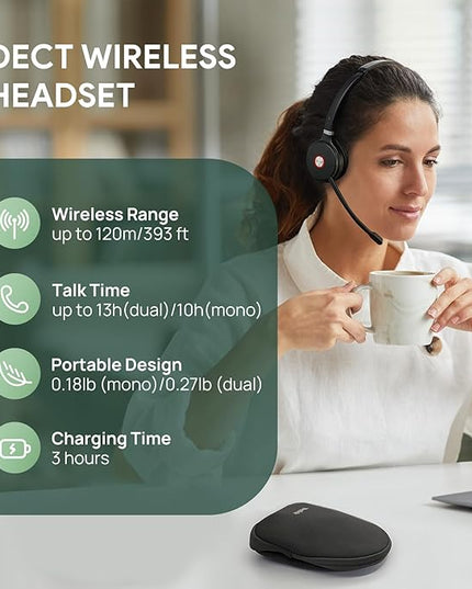Yealink WH62 Portable Wireless Headset with DECT Dongle, 393 ft,Teams, Zoom Skype Certified, Office Work Headphones with 2X Noise Cancelling Mic, 13H Call Time, (Computer, Desk Phone)