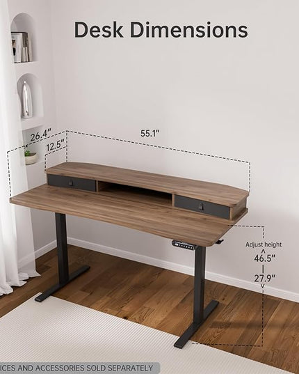HUANUO 55" x 26" Electric Standing Desk with 2 Drawers, C-Clamp Mount Compatible, Height Adjustable Computer Desk, Home Office Stand Up Desk with 4 Preset Heights & 2 Hooks, Walnut