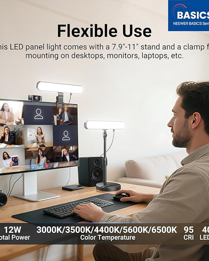 NEEWER Basics Desktop LED Light Kit with 11" Stand/Monitor Clamp, 2 Pack(12W) CRI95 Bi Color Video Conference Zoom Lighting for Laptop Computer Webcam, Compatible with iPhone Video Recording, L10
